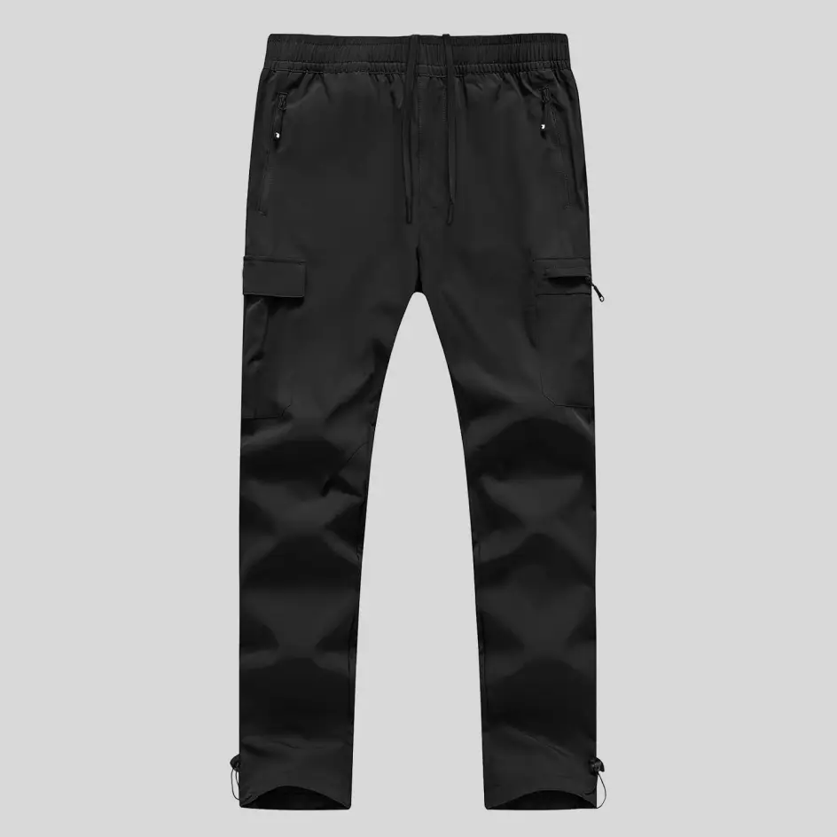 A sleek black quick-dry cargo pant, ideal for a modern and tactical look while fishing.