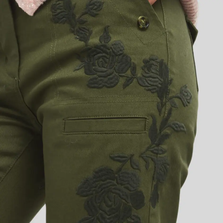 A pair of quick-dry cargo pants featuring detailed embroidery, adding a premium and personalized touch to fishing apparel.