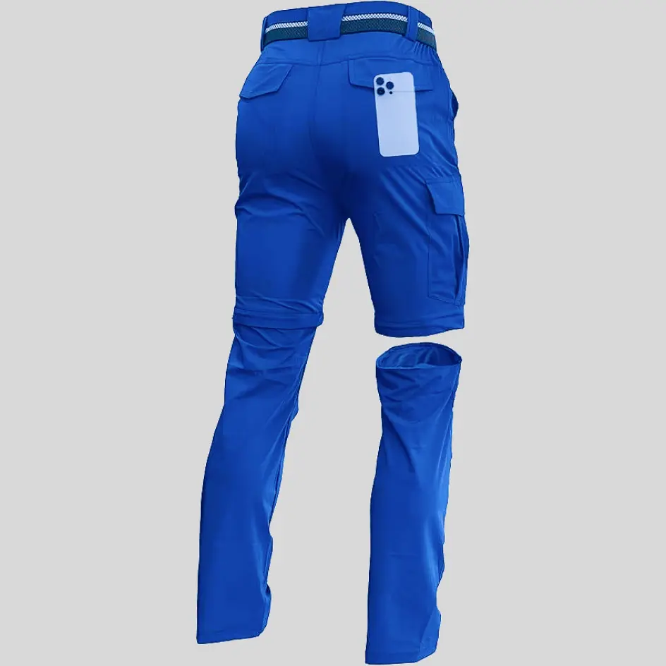 Convertible zip-off fishing pants in royal blue, adding a vibrant touch to functional fishing gear.