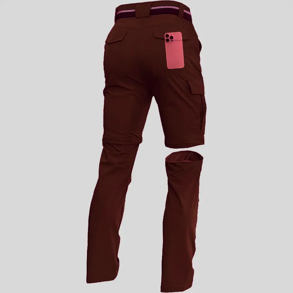 Convertible zip-off fishing pants in burgundy, featuring a deep, rich color for a unique fishing wear option.