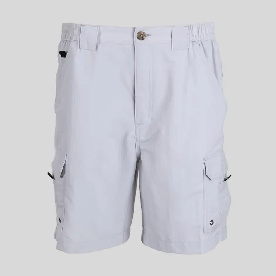 A pair of elastic-waist fishing shorts in white, offering a clean and classic look for a fresh outdoor style.