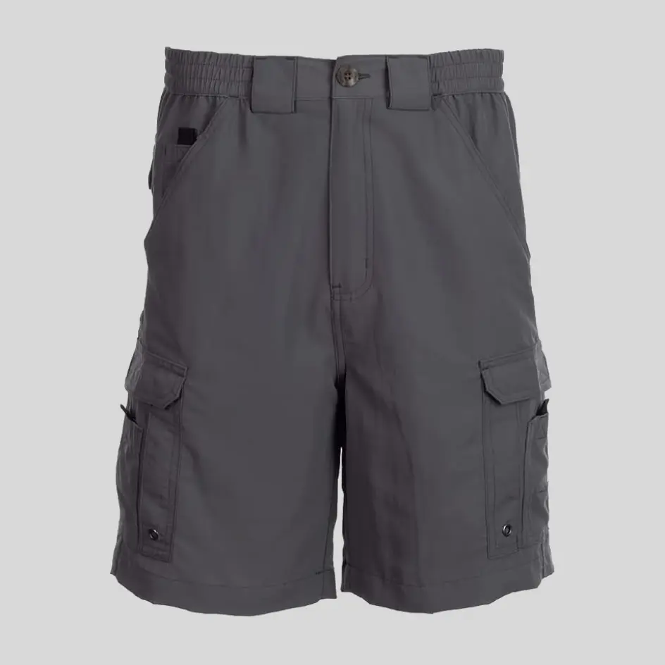 A pair of elastic-waist fishing shorts in light grey, featuring a neutral tone that blends well with various fishing outfits.