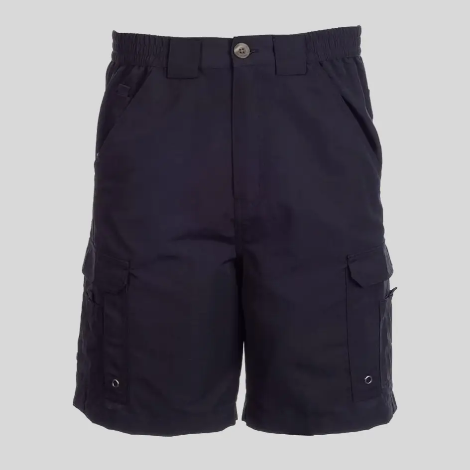 A pair of elastic-waist fishing shorts in black, providing a bold and versatile option suitable for any fishing environment.