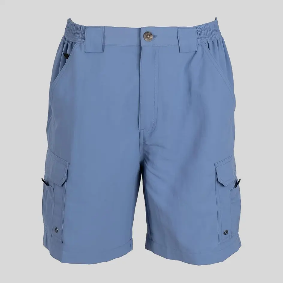 A pair of elastic-waist fishing shorts in blue, offering a vibrant hue that reflects the essence of water and nature.