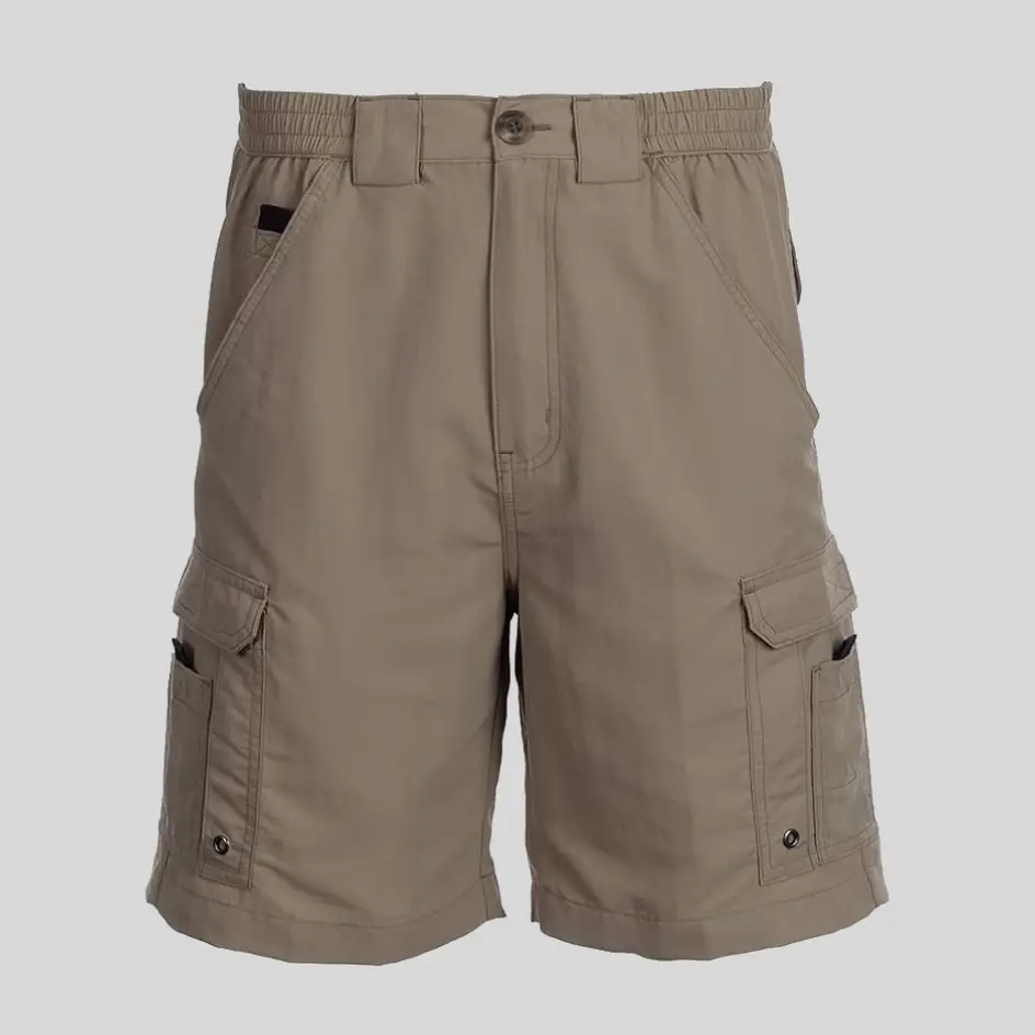 A pair of elastic-waist fishing shorts in khaki, featuring an earthy tone perfect for blending into outdoor surroundings.