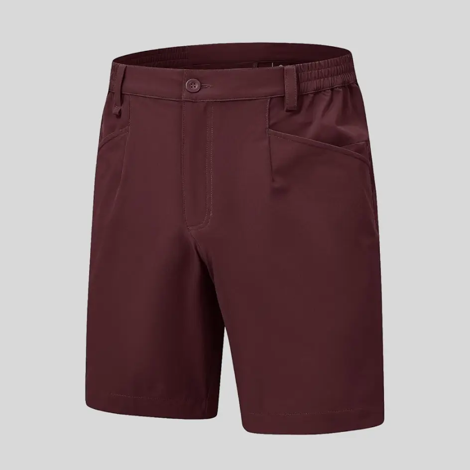 A pair of elastic-waist fishing shorts in burgundy, providing a rich and stylish color option for a unique fishing look.