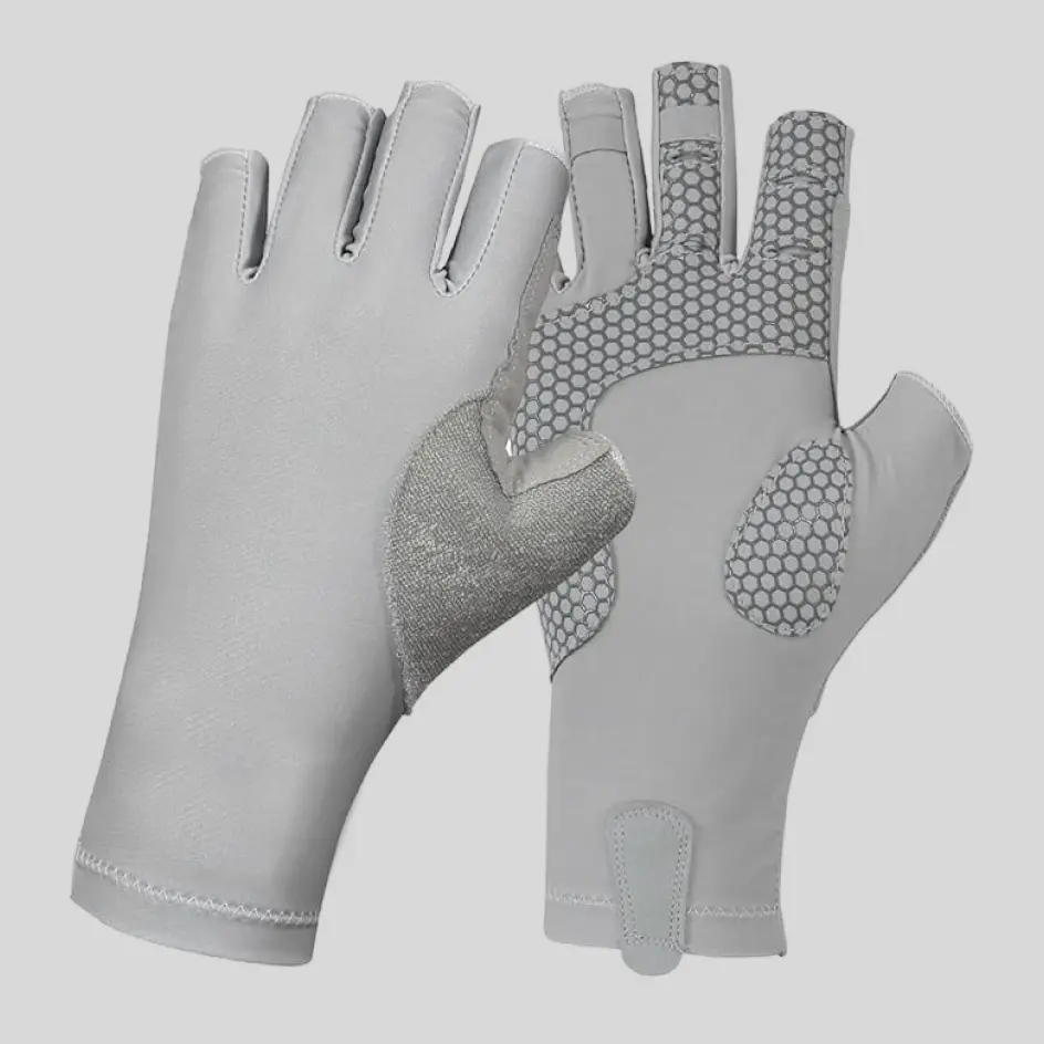 A pair of light grey fingerless UV-protective gloves, combining style with a neutral tone for versatile wear.