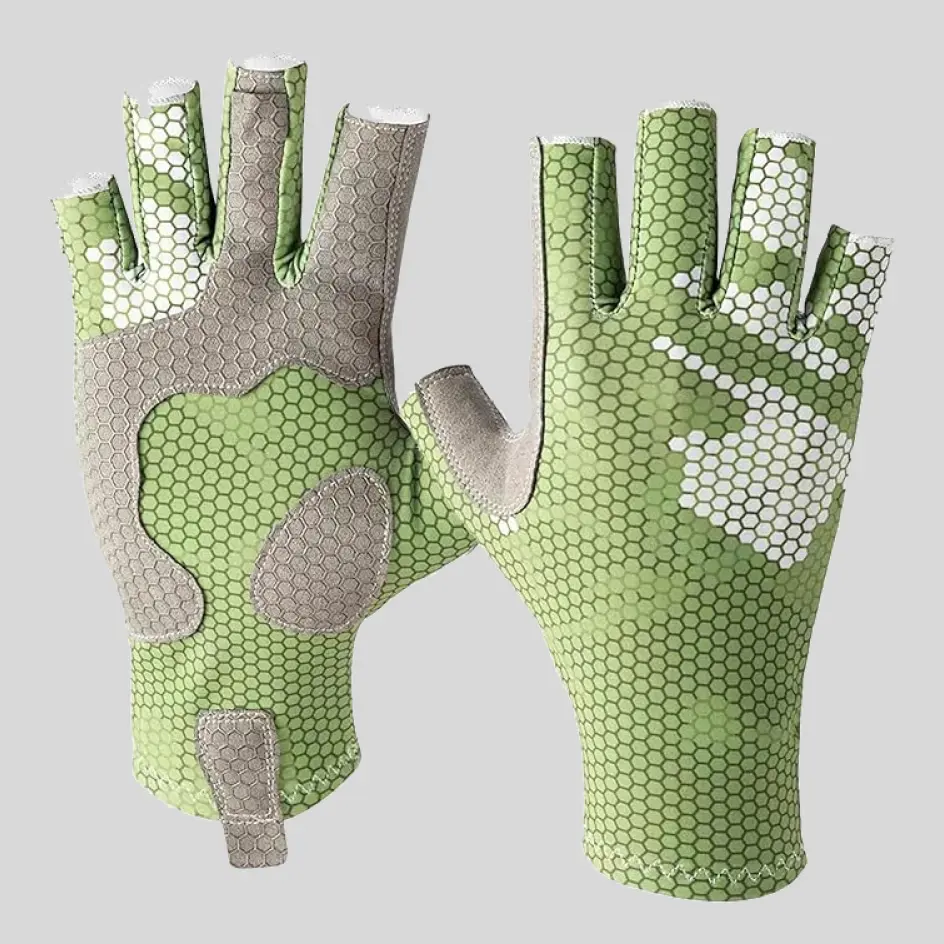 A pair of electric green fingerless UV-protective gloves, adding a vibrant and energetic pop of color.