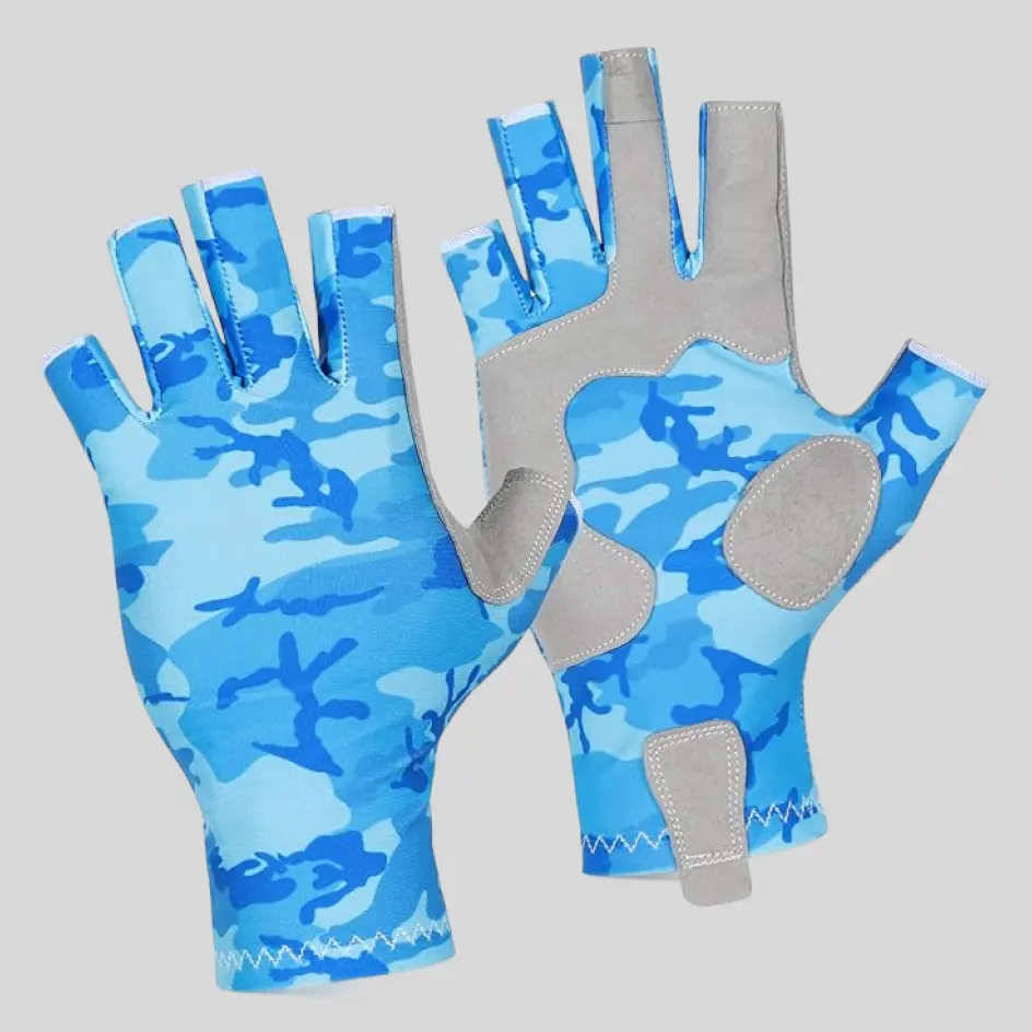 A pair of fingerless UV-protective gloves in camouflage patterns, blending seamlessly with outdoor and tactical gear.