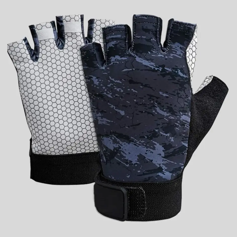 A pair of fingerless UV-protective gloves with adjustable straps, allowing a customizable and secure fit for maximum comfort.