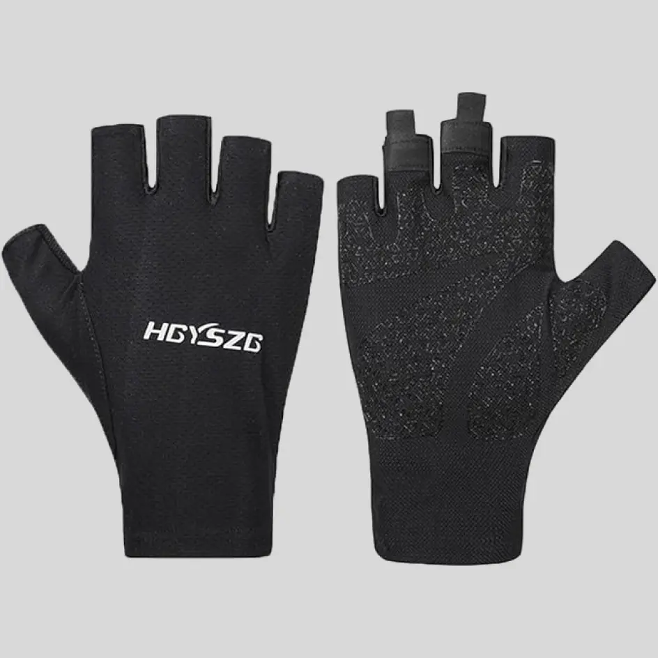 A pair of fingerless UV-protective gloves with a screen-printed logo, displaying bold and vibrant branding details.