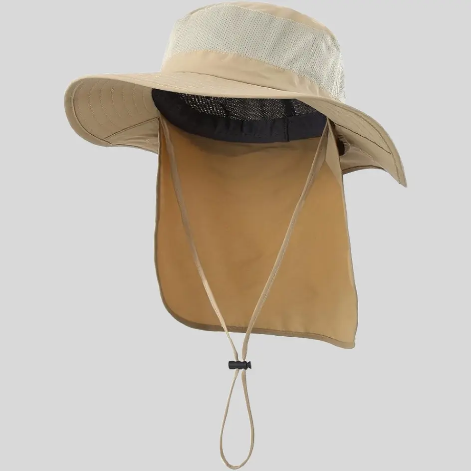 A polyester neck flap hat with a moisture-wicking and quick-dry fabric, designed for hot and humid conditions.