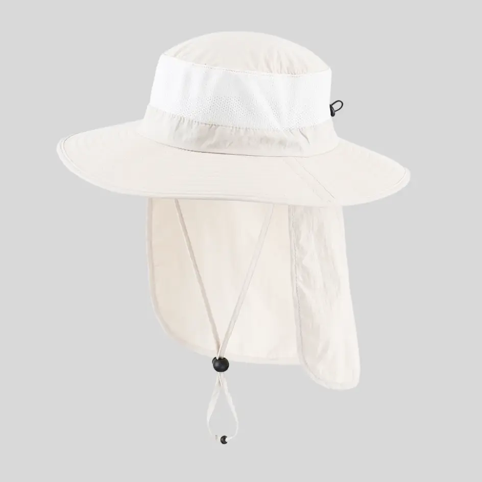 A white neck flap hat with a clean and classic look, offering UV protection and heat reflection.