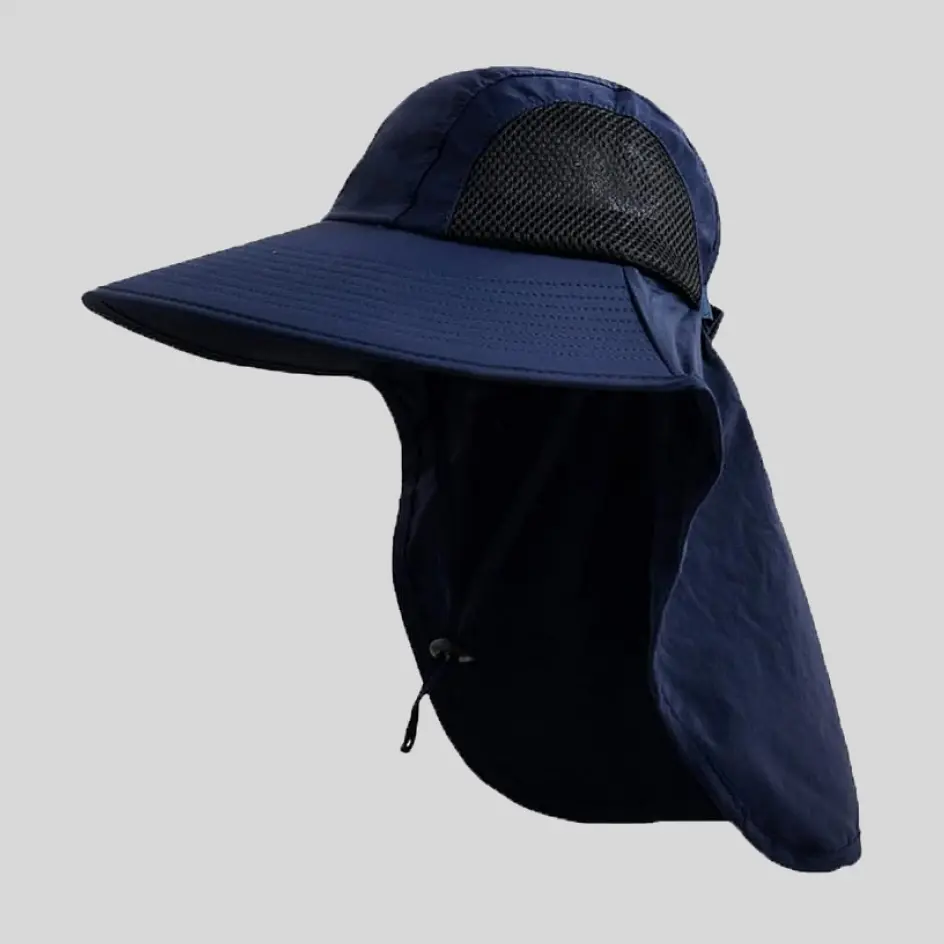 A navy neck flap hat with a deep, rich color, providing a stylish and durable sun-protective accessory.