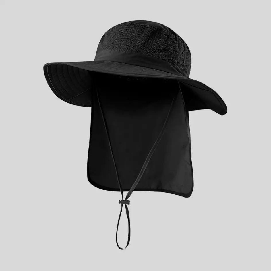 A black neck flap hat with a sleek and modern design, perfect for versatile wear in various outdoor settings.