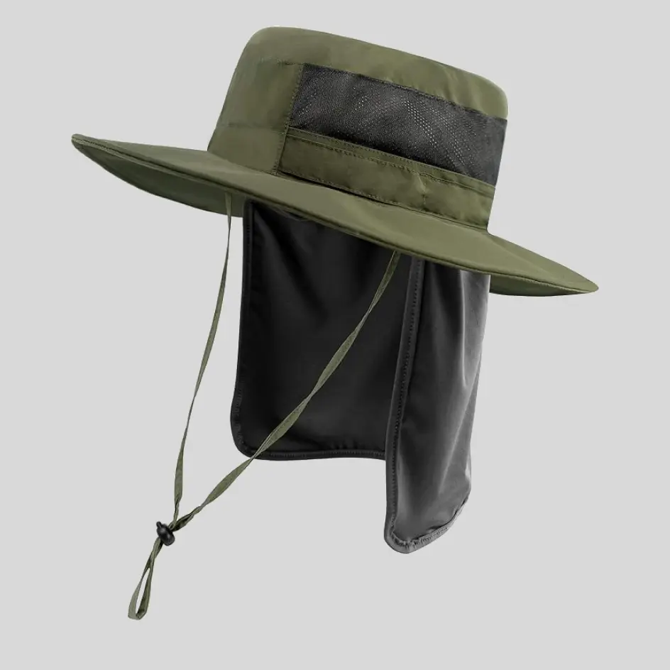 An electric green neck flap hat with a bright and energetic look, enhancing visibility for outdoor activities.