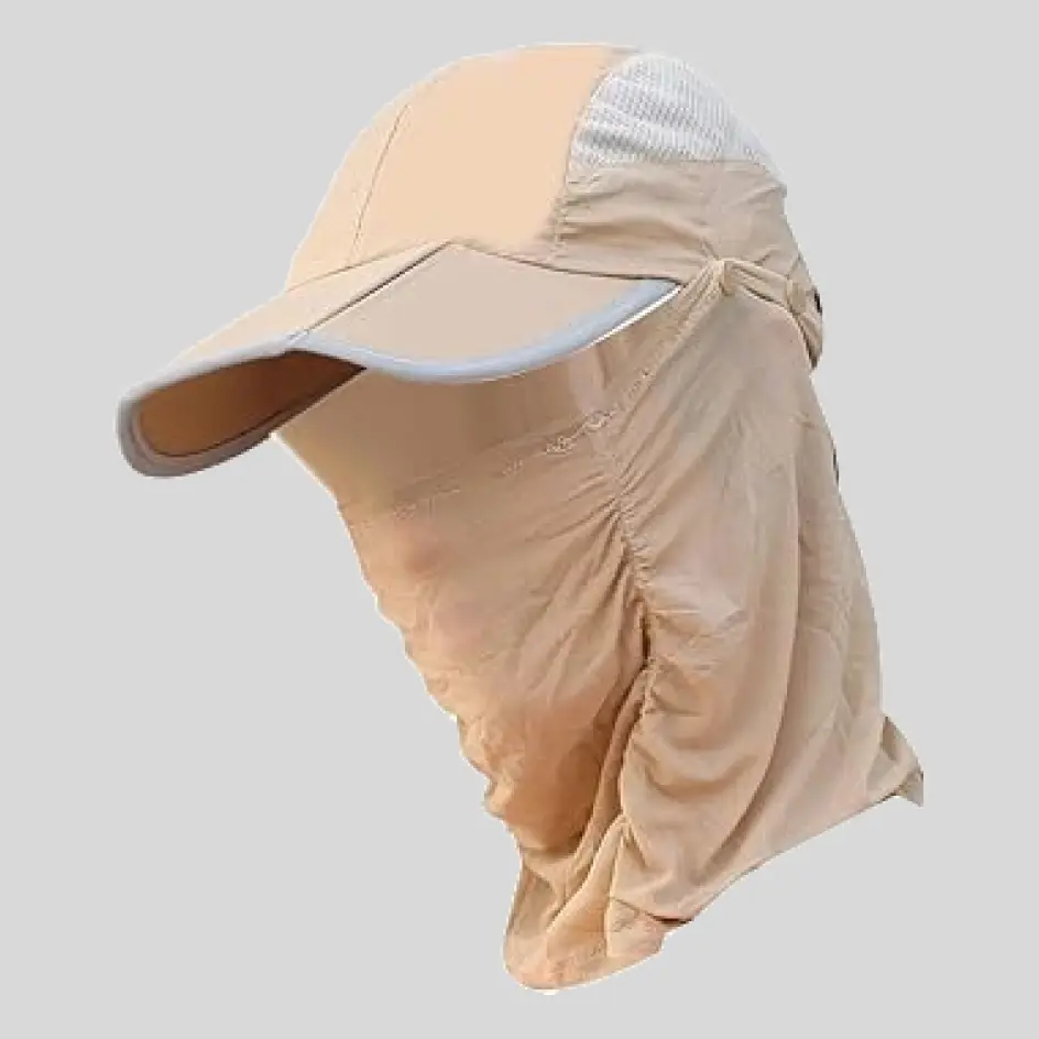 A neck flap hat with elastic bands for a flexible and adjustable fit, ensuring a secure hold during active movements.