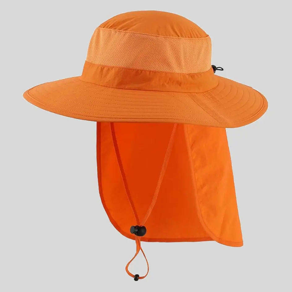 A neck flap hat with drawcords for customizable tightening, providing a secure and comfortable fit in windy conditions.