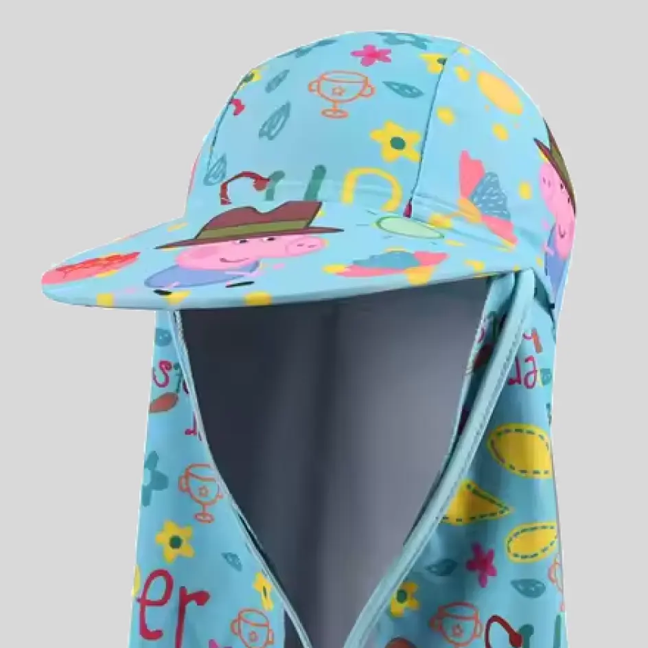 A neck flap hat with screen printing, showcasing a bold and vibrant logo application for a stylish, branded look.