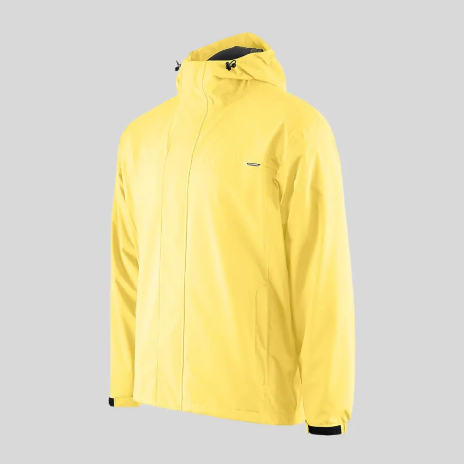 A yellow waterproof jacket, designed for high visibility and bold outdoor style.