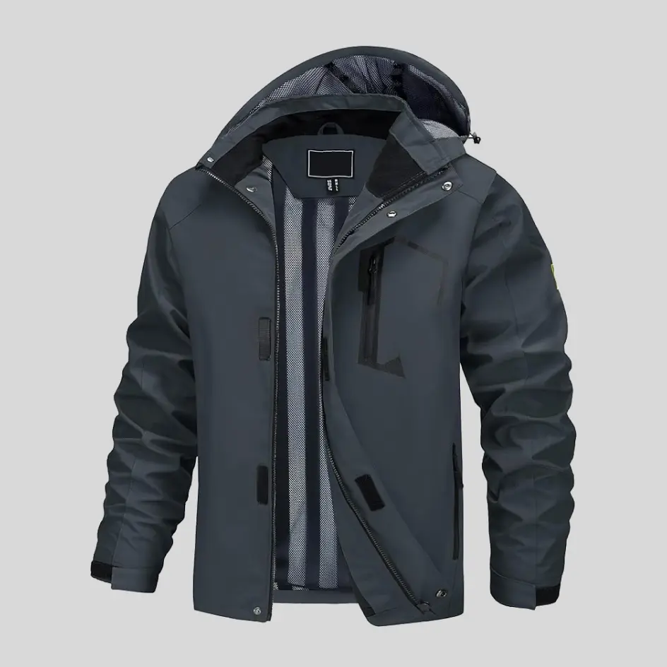 A light grey waterproof jacket, offering a sleek and modern look with all-weather protection.