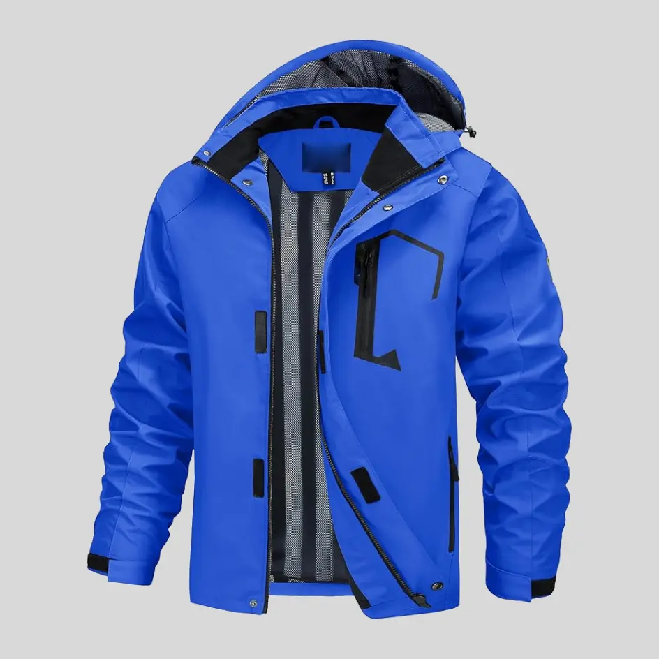 A royal blue waterproof jacket, adding a vibrant touch to functional weatherproof outerwear.