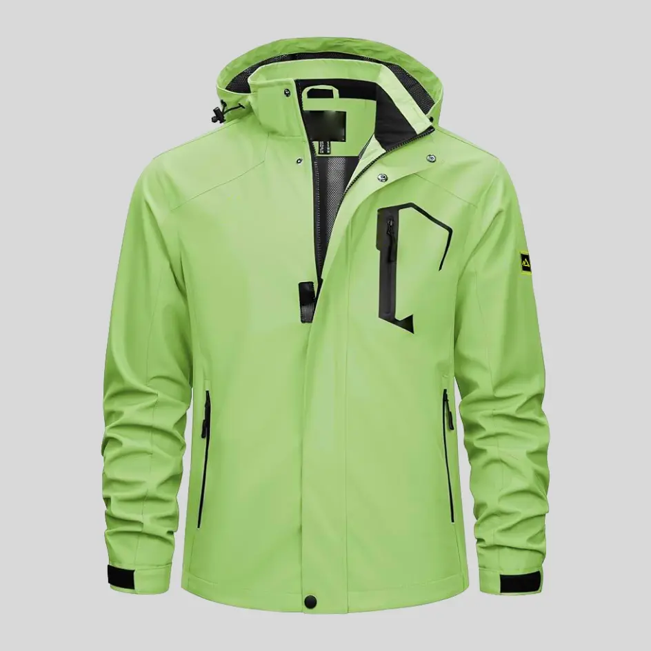 An electric green waterproof jacket, ensuring standout visibility with high-performance waterproof fabric.