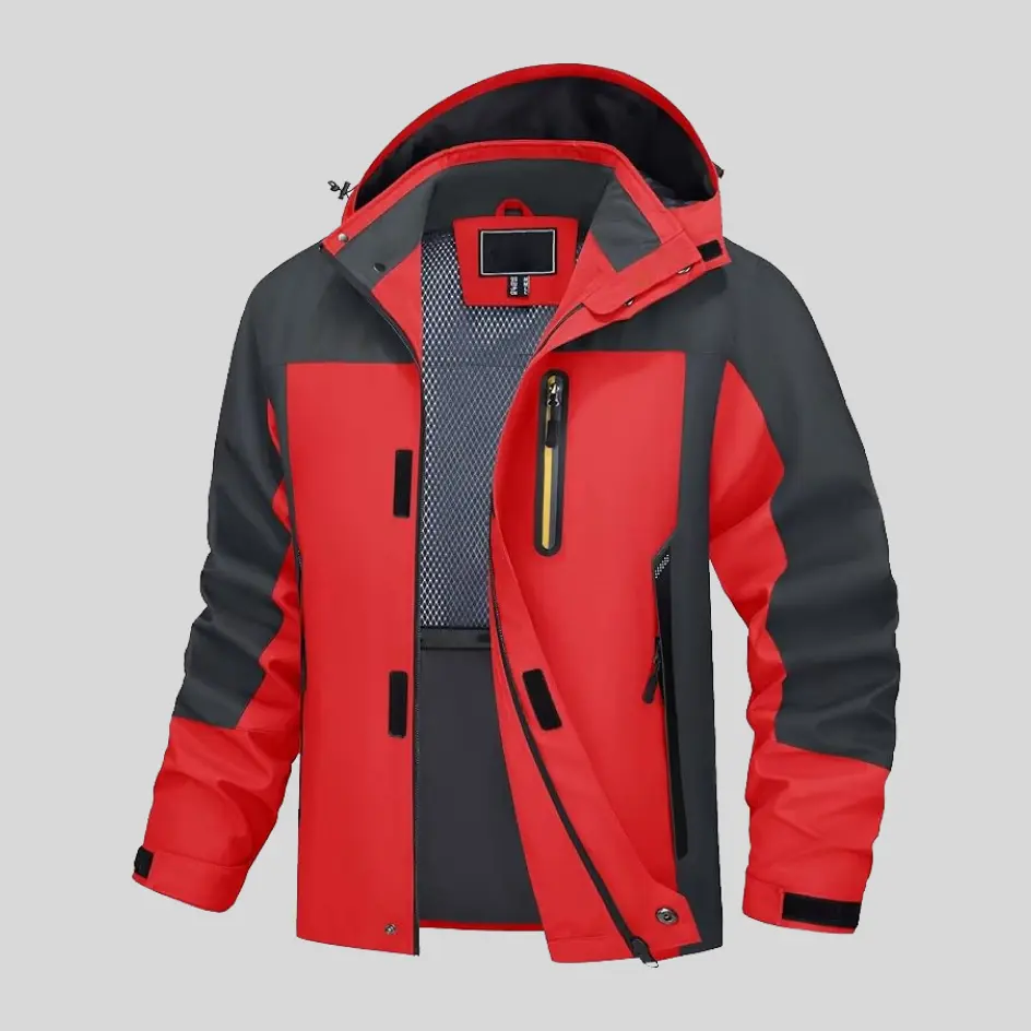 A red waterproof jacket, combining bold color with excellent weather resistance.