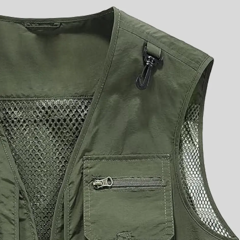 A polyester insulated fishing vest featuring durable and lightweight fabric, offering excellent heat retention.