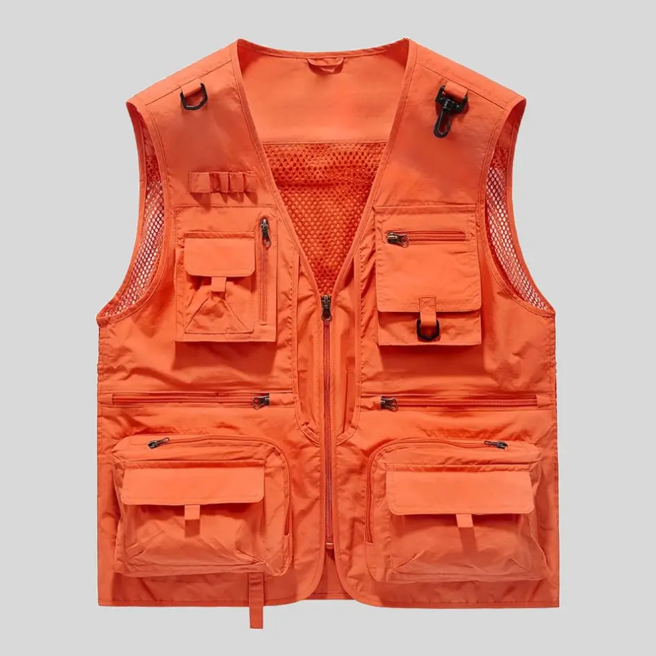 An orange insulated fishing vest with high visibility, ensuring safety and style in outdoor environments.