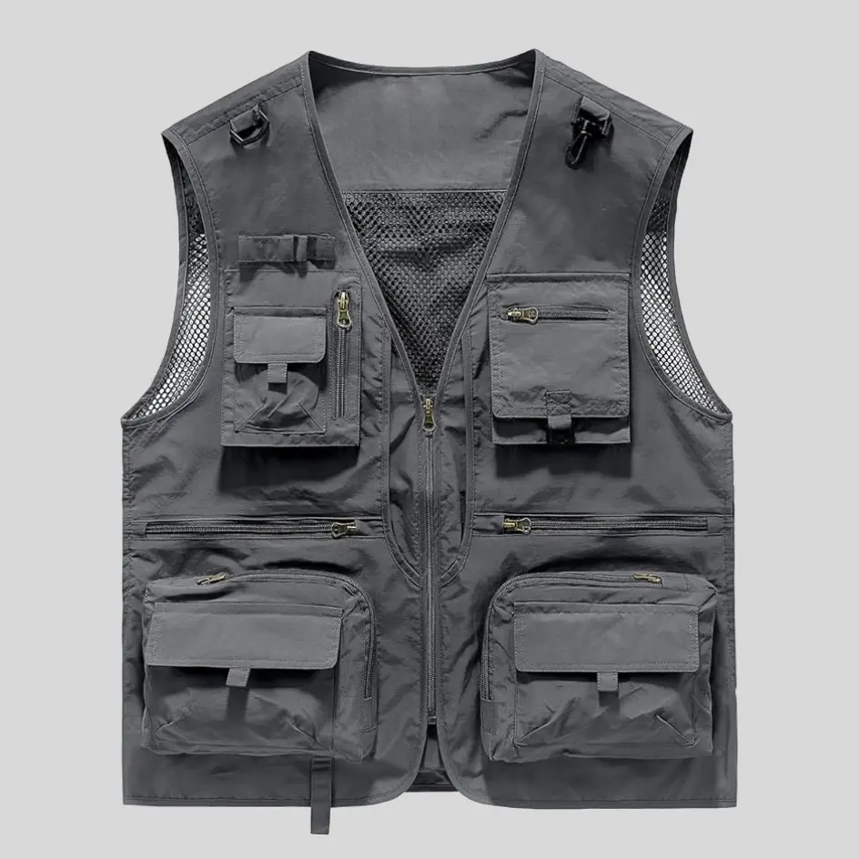 A light grey insulated fishing vest with a sleek and neutral look, perfect for versatile fishing outfits.