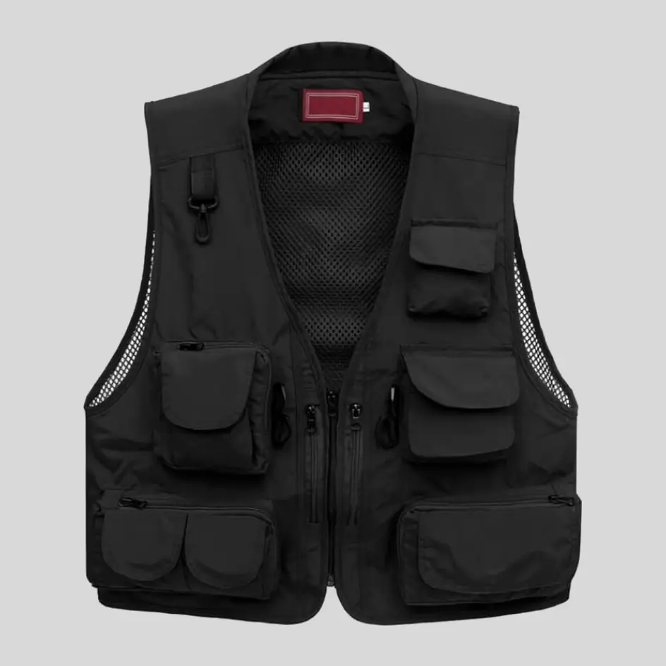 A black insulated fishing vest featuring a classic and timeless look, blending functionality with modern style.