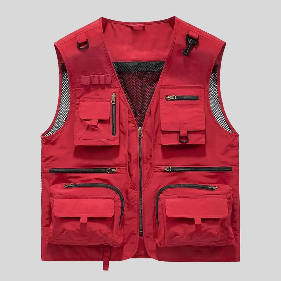 A red insulated fishing vest with an eye-catching color, providing a standout look while keeping warm.