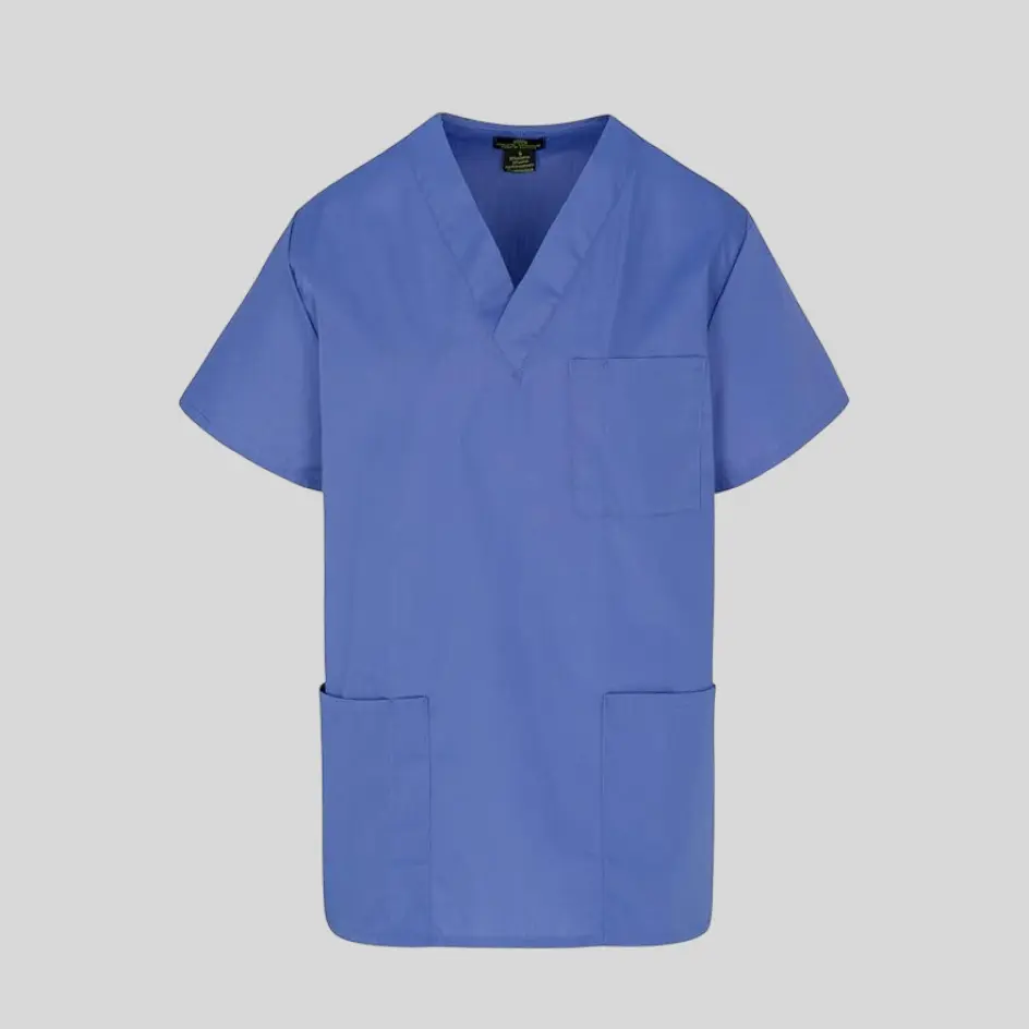 A blended fabric scrub top combining cotton and polyester for softness and durability.