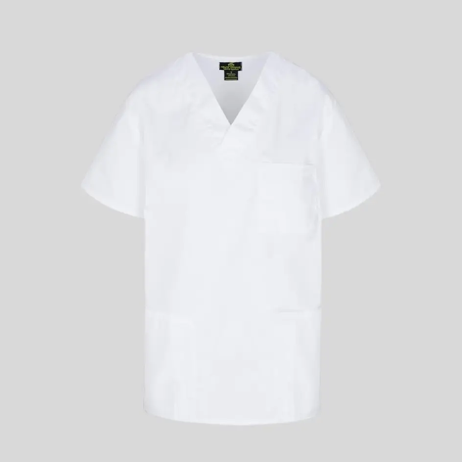 A crisp white scrub top with a clean and professional look, ideal for medical settings.