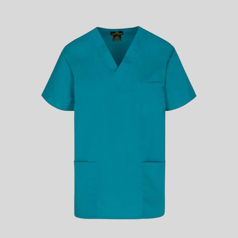 A teal blue scrub top with a calming and stylish hue, perfect for healthcare workers.