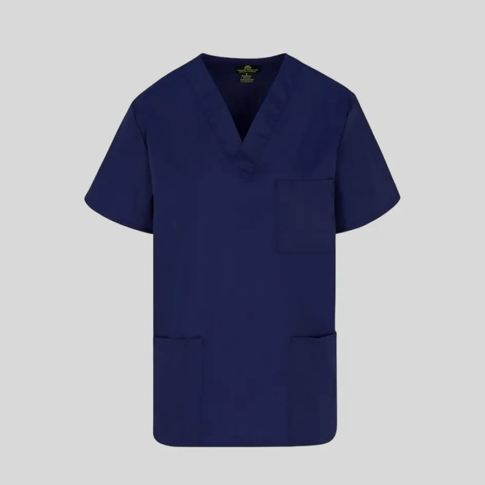 A deep navy scrub top offering a classic and polished appearance for medical professionals.