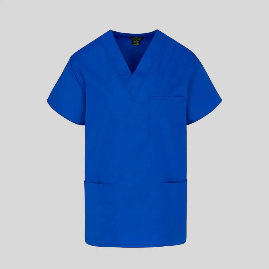 A vibrant royal blue scrub top, adding a touch of bold color to medical uniforms.