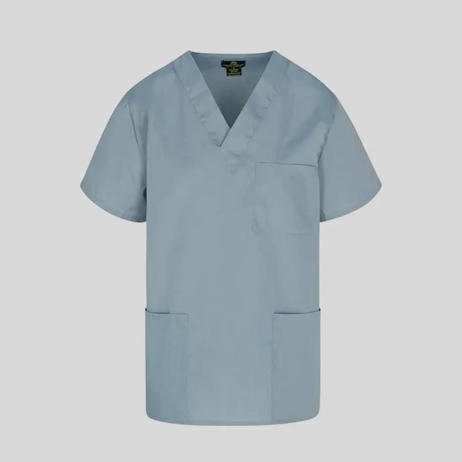 A subtle misty green scrub top, blending style and practicality for a fresh look.