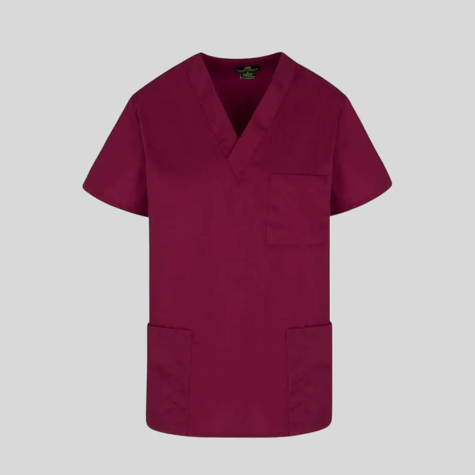 A rich burgundy scrub top with a deep, warm tone, creating a professional yet stylish appearance.