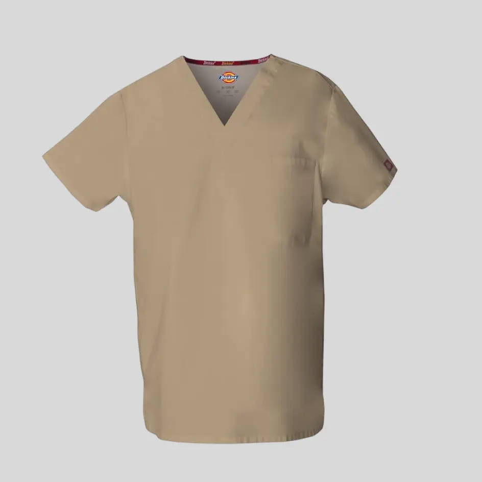 A scrub top featuring a single chest pocket, providing a minimalist and functional design.