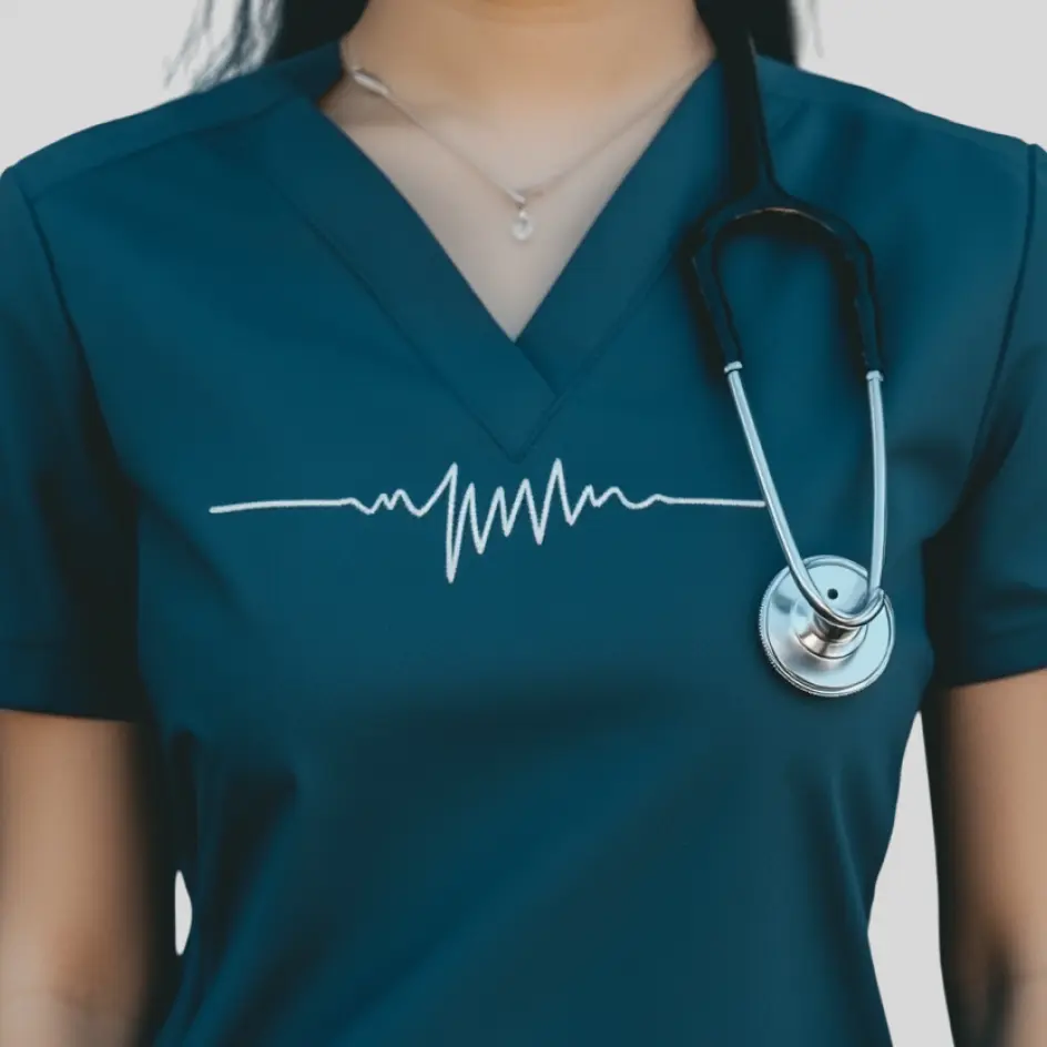 A custom embroidered scrub top featuring high-quality stitched branding for a professional look.