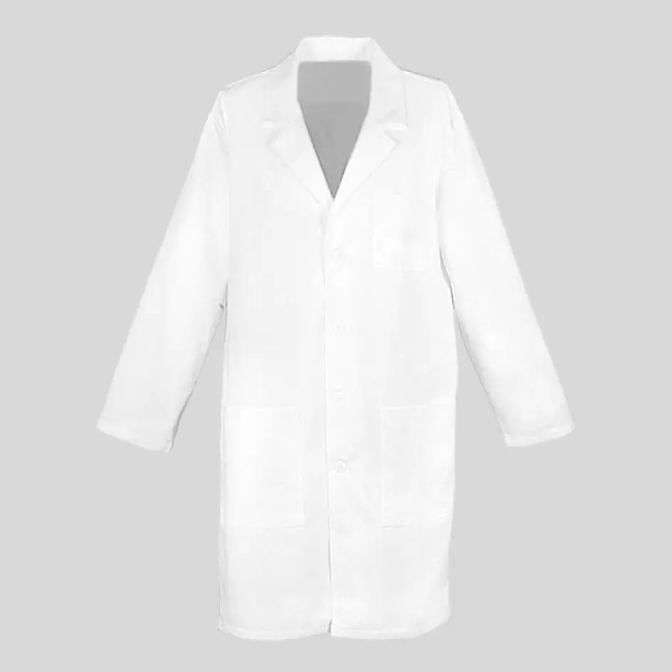 Lab coat in a cotton-poly blend, balancing comfort and durability for medical professionals.