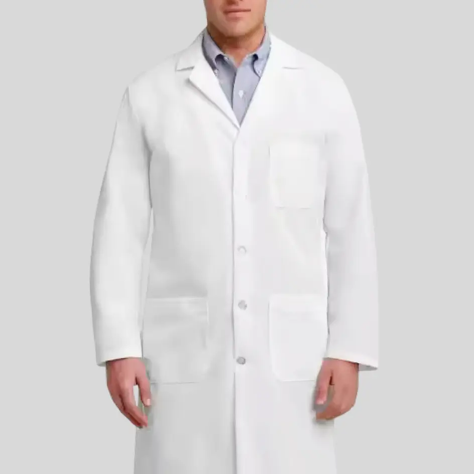 Stain-resistant lab coat, repelling spills and maintaining a clean appearance.