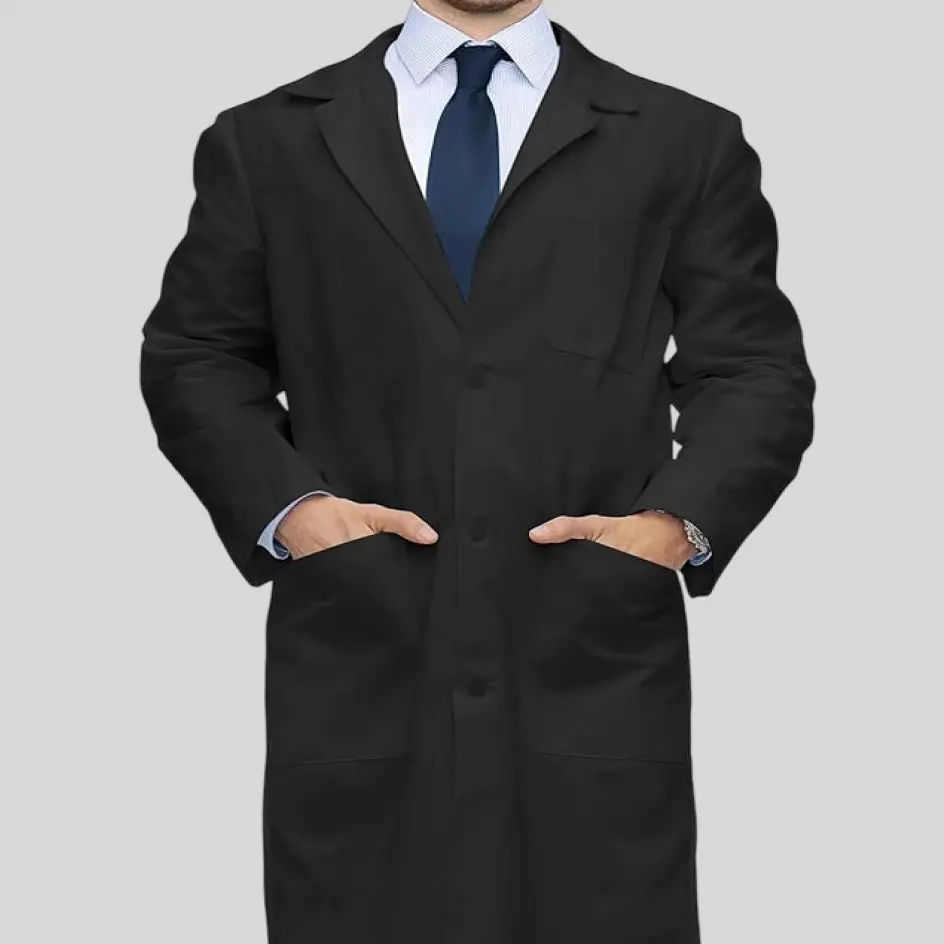 Black lab coat, adding a contemporary and sophisticated touch to medical attire.