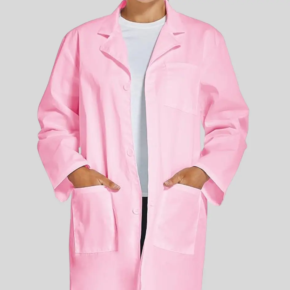 Pink lab coat, creating a stylish and unique look for healthcare professionals.