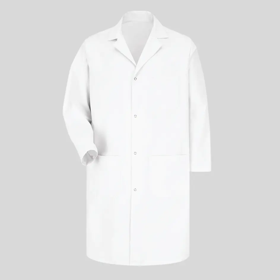 Lab coat with button closures, offering a classic and secure front fastening.