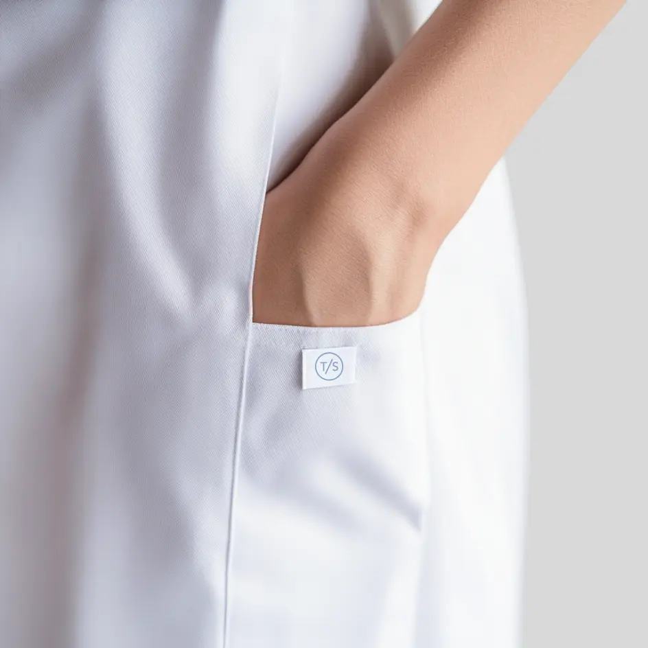 Lab coat with woven labels, subtly incorporating branding elements into the design.