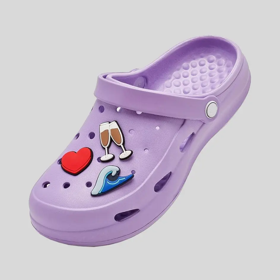 A pair of purple clogs, bringing a vibrant and fashionable twist to footwear.