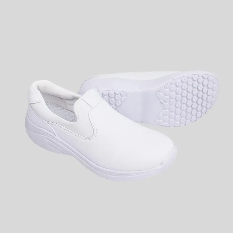 A pair of leather medical shoes with a smooth, easy-to-clean surface, ideal for professionals.